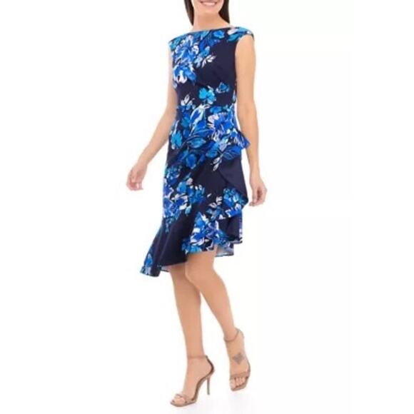 Eliza J Dresses & Skirts - New ELIZA J Boat Neck Asymmetrical Cascade Ruffle Knee Length Sheath Dress Sz 8